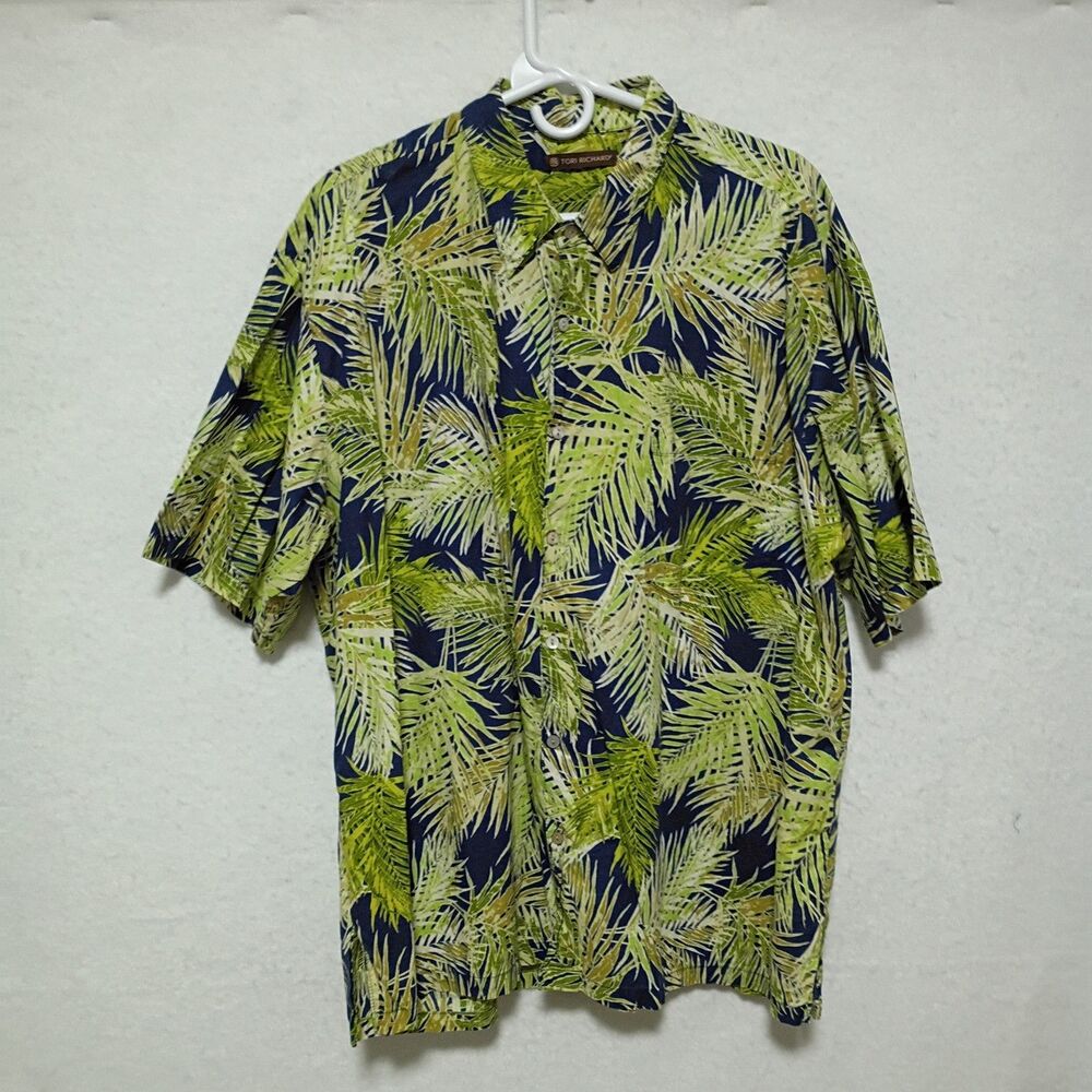 VTG Tori Richard Hawaiian Shirt Mens 2XL Blue Cotton Lawn Palm Leaf Aloha USA